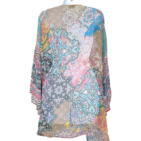 Saachi Floral Print Bell Ruffle Sleeve Sheer Ruana Kimono - Picture 6 of 11